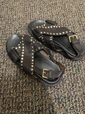 Marni Black Leather Studded Cross-Strap Sandals with Gold Buckles
